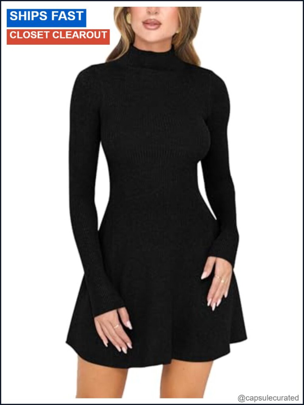 Women's Long Sleeve Mock Neck Mini Sweater Dress Pullover